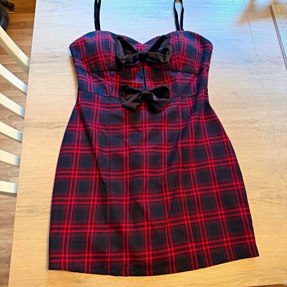 Avec Les Filles Double Bow Mini Dress 10 NWT Red Plaid Velvet Holiday